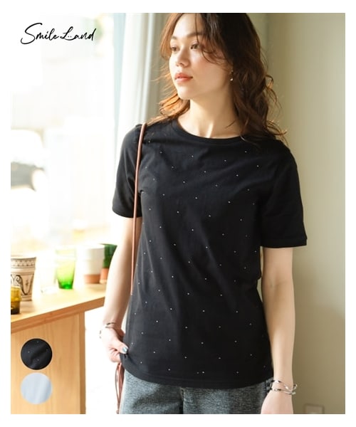 nissen（ニッセン）の「大きいサイズ ドットストーンTシャツ（Tシャツ/カットソー・レディース・黒/オフホワイト・L/LL/3L/4L/5L/6L/8L/10L）」の2枚目の写真