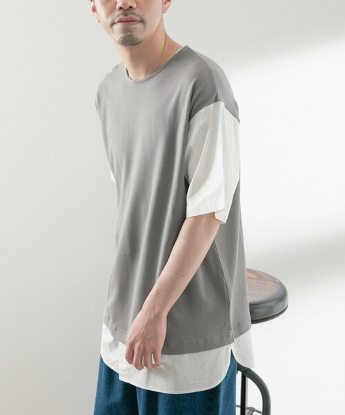 ITEMS URBANRESEARCH（アイテムズ アーバンリサーチ）の「布帛切替レイヤードクルーネックトップス（Tシャツ/カットソー・メンズ・BLK/BEG/MTD/GRY・M/L）」の20枚目の写真