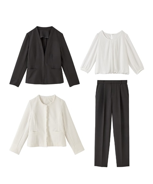 nissen（ニッセン）の「小さいサイズ　【入学式・卒業式・フォーマル】フォーマル４点セット（ノーカラージャケット+ロング丈ジャケット+シフォンブラウス+テーパードパンツ）　低身長さん・小柄女性（フォーマルスーツ/小物・レディース・ネイビー/ブラック・PSS/PS/PM/PL）」の5枚目の写真