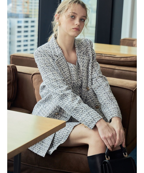 MERCURYDUO（マーキュリーデュオ）の「オリジナルツイードテーラードジャケット【セットアップ着用可】（テーラードジャケット・レディース・ブラック/アイスブルー・S/M）」の2枚目の写真