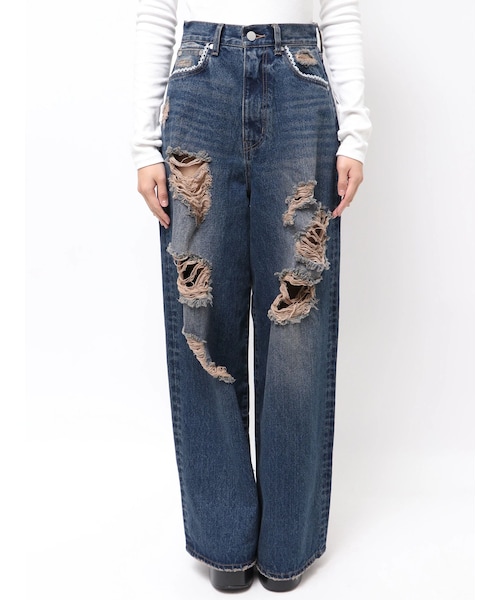 EMODA（エモダ）の「バルキーワイドハイウエストクラッシュジーンズ（デニムパンツ・レディース・アイスブルー/インディゴ・XS/S/M）」の5枚目の写真