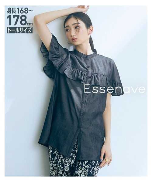 nissen（ニッセン）の「高身長　レーヨンデニム袖フレアブラウス（トールサイズ）Essenave（シャツ/ブラウス・レディース・インディゴ/黒・MTT/LTT/LLTT/3LTT）」の5枚目の写真