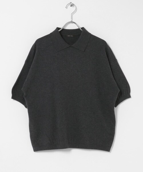 EKAL(エカル)の「ハーフスリーブニットポロシャツ(ニット/セーター・レディース・ブラック/チャコール/グリーン・One)」の2枚目の写真