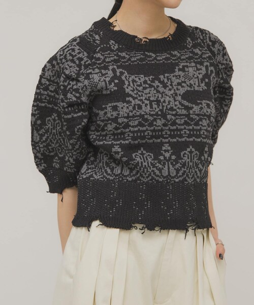 KBF（ケイビーエフ）の「ジャガードハーフスリーブニット（ニット/セーター・レディース・BEIGE/NAVY・One）」の15枚目の写真
