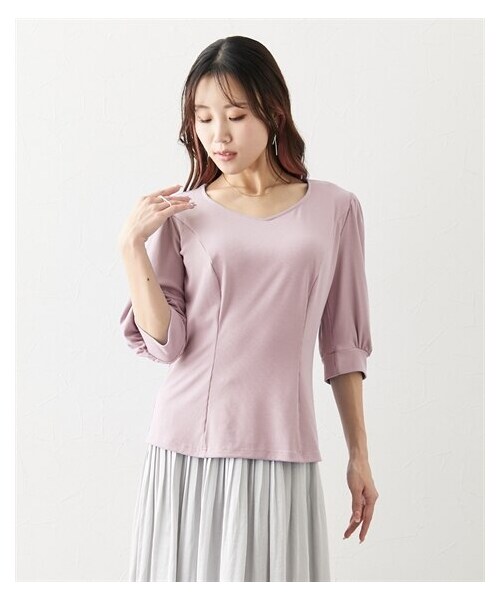nissen（ニッセン）の「【大きい胸専用】リブVネックデザインカットソー(肘が隠れる６分袖）（Tシャツ/カットソー・レディース・ブラック/ラベンダーピンク・FS/FM/FL/FLL/F3L）」の8枚目の写真