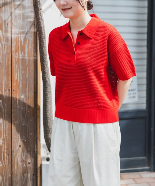 URBAN RESEARCH DOORS(アーバンリサーチドアーズ)の「FORK&SPOON 透かし編みニットポロ(ポロシャツ・レディース・IVORY/NAVY/ORANGERED・1)」の4枚目の写真