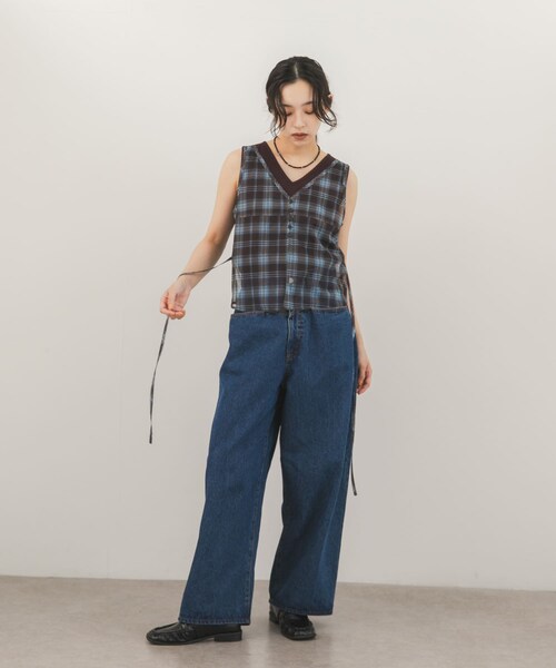 KBF（ケイビーエフ）の「シアーチェックベストSETトップス（タンクトップ・レディース・BRN×BRN/KHAKI×OAT/NAVY×NAVY・One）」の11枚目の写真