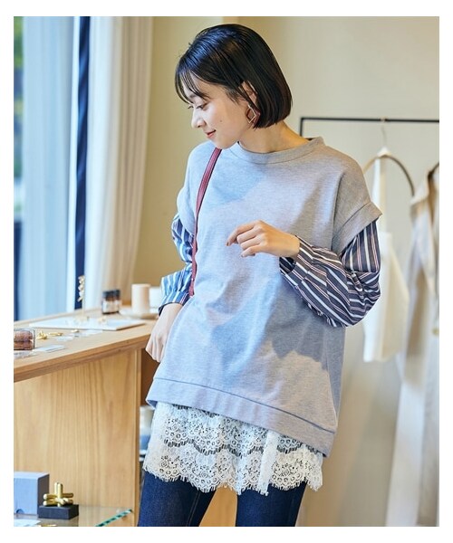 nissen（ニッセン）の「大きいサイズフェイクレイヤードカットソートップス（Tシャツ/カットソー・レディース・杢グレー×ネイビー系ストライプ/パープル×グレー系チェック/カーキ×オフホワイト(無地)/ネイビー×モノトーン系ギンガムチェック/黒×モノトーン系ストライプ/ミントグリーン×ブルー系ストライプ・L~LL相当/3L~4L相当/5L~6L相当/8L相当/10L相当）」の8枚目の写真