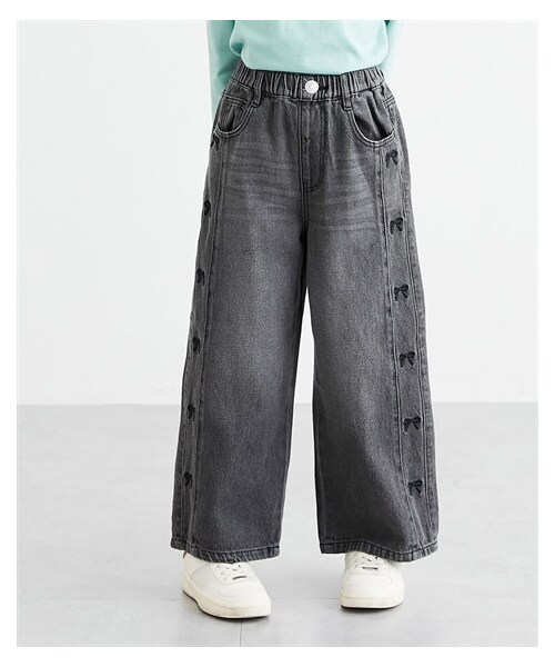 nissen（ニッセン）の「綿100％リボン刺しゅうデニムワイドパンツ（女の子）（パンツ・キッズ・ダークグレー/ライトブルー・120/130/140/150/160）」の5枚目の写真