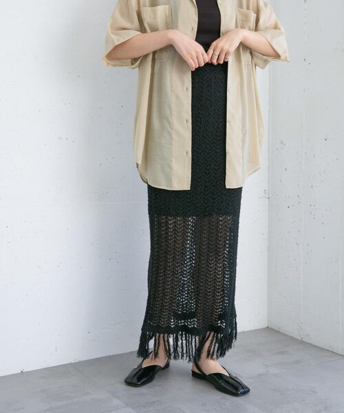 KBF（ケイビーエフ）の「フリンジ透かし編みニットスカート（スカート・レディース・BROWN/BEIGE/BLACK・one）」の7枚目の写真