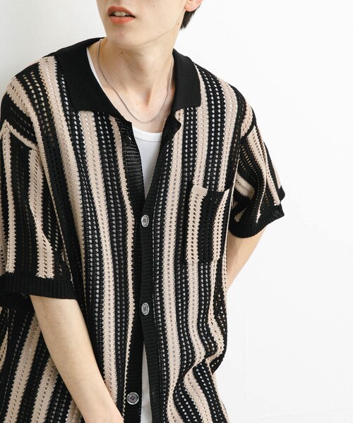 SENSE OF PLACE by URBAN RESEARCH(センスオブプレイスバイアーバンリサーチ)の「ストライプショートスリーブニットシャツ(ニット/セーター・メンズ・BLACK/GREIGE/MINT・M/L)」の8枚目の写真