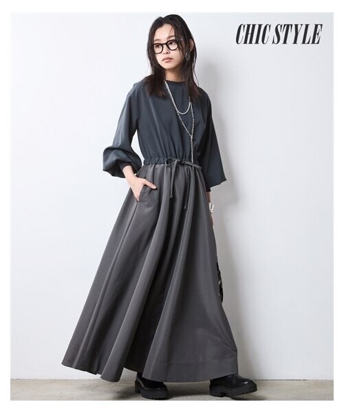 リブ使い異素材ドッキングロングワンピース＜大きいサイズ有＞シックスタイル