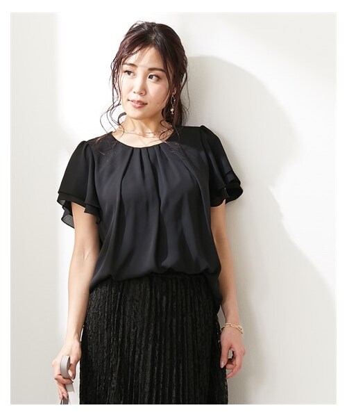 nissen（ニッセン）の「【大きい胸専用】タック入フレア2枚袖ジョーゼットブラウス（半袖）（シャツ/ブラウス・レディース・オフホワイト/ネイビー/ブルーグリーン/グレージュ/ブラック/オフホワイト×黒ストライプ・FM/FL/FLL/F3L）」の8枚目の写真