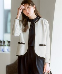 7days Life Styling | カットソー素材パール調ボタン配色ノーカラージャケット<大きいサイズ有>(ノーカラージャケット)