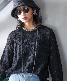 nissen | 大きいサイズ リブ衿レースTシャツ GEVS.(Tシャツ/カットソー)