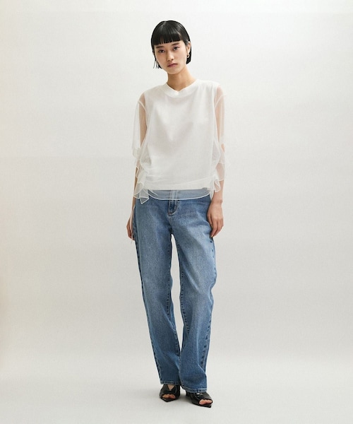 ADAM ET ROPE'(アダムエロペ)の「【WEB限定】・【サステナブル】・【定番】ギャザーチュールトップス(Tシャツ/カットソー・レディース・ブラック/ホワイト/ダークブラウン・F)」の8枚目の写真