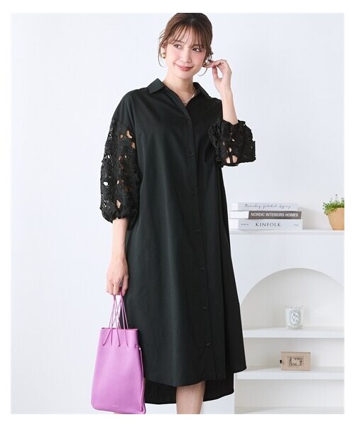 nissen（ニッセン）の「＜大きいサイズ＞ふんわりレース袖シャツワンピース（ワンピース・レディース・オフホワイト/カーキ/黒・L~LL/3L~4L/5L~6L/8L/10L）」の9枚目の写真