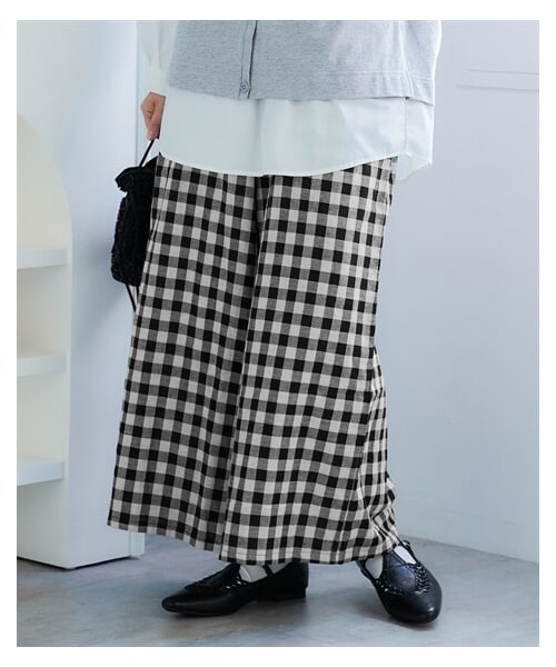 nissen（ニッセン）の「＜大きいサイズ＞綿１００％ダブルガーゼガウチョパンツ（ゆったりヒップ）（パンツ・レディース・ギンガムチェック/黒/ネイビーストライプ・L/LL/3L/4L/5L/6L/8L/10L）」の15枚目の写真