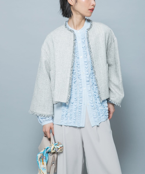 URBAN RESEARCH ROSSO（アーバンリサーチロッソ）の「ツイードショートジャケット（ノーカラージャケット・レディース・OFF WHITE/BLACK・Free）」の2枚目の写真