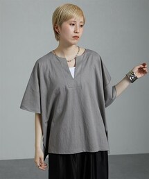 nissen | 鹿の子素材キーネックデザインゆったりサイズ半袖Ｔシャツ　［Soiunique］(Tシャツ/カットソー)