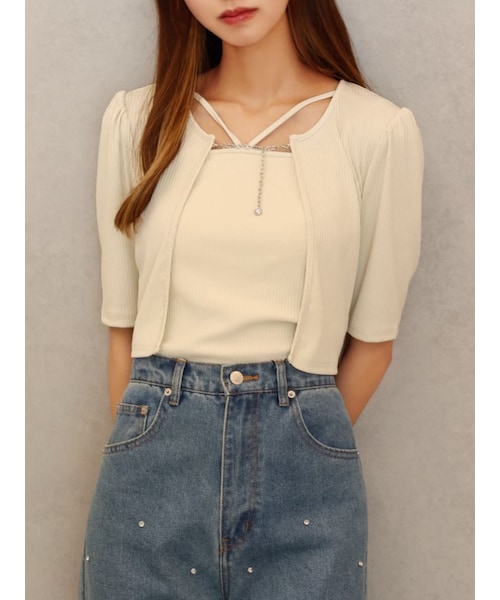 EATME（イートミー）の「キャミ&チェーンカーディガンセット（Tシャツ/カットソー・レディース・アイボリー/ブラック/ライトミックス/ミックス・F）」の3枚目の写真