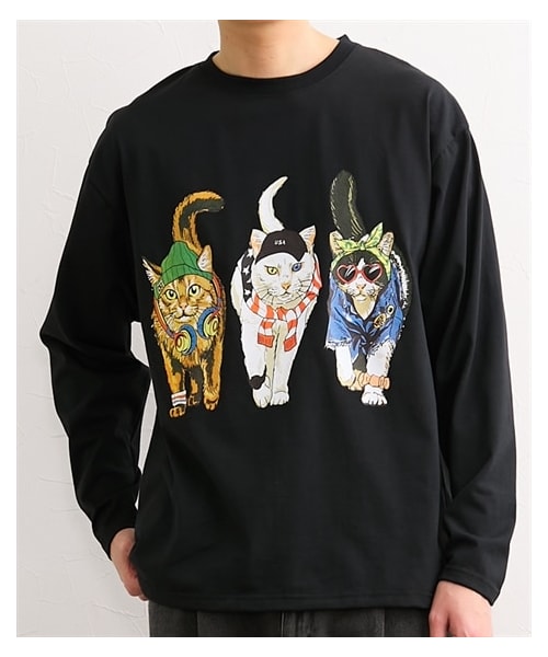 nissen（ニッセン）の「度詰め天竺バックプリント猫柄長袖Tシャツ（Tシャツ/カットソー・メンズ・ホワイト/ブラック・M/L/LL）」の2枚目の写真