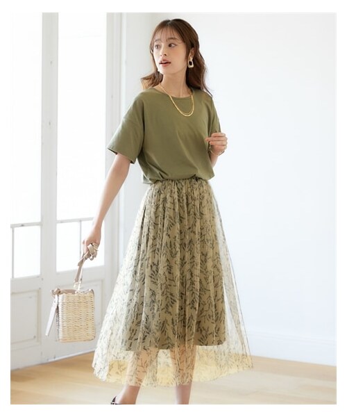 nissen（ニッセン）の「大きいサイズ異素材使いチュールプリントドッキングワンピース（ワンピース・レディース・黒×ターコイズグリーン系チェック/ネイビー×ネイビー系ストライプ/カーキグレー×ベージュ系花柄・L~LL相当/3L~4L相当/5L~6L相当/8L相当/10L相当）」の9枚目の写真