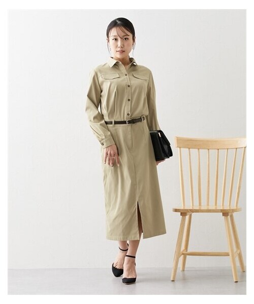 nissen（ニッセン）の「【大きい胸専用】サファリ長袖タイトワンピース（ベルト付、ポケット付）（ワンピース・レディース・ネイビー/ベージュ・FM/FL/FLL/F3L）」の4枚目の写真
