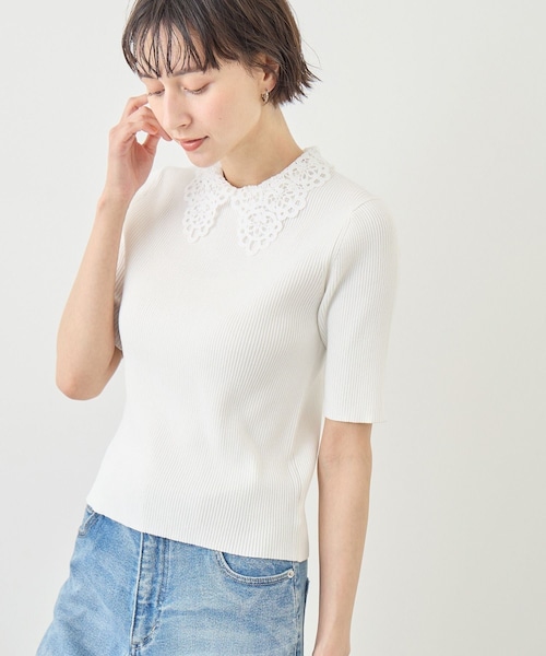ROPE' PICNIC(ロペピクニック)の「レースカラーハーフスリーブリブニット(ニット/セーター・レディース・ライトグレー/オフホワイト/ネイビー・M/S)」の17枚目の写真