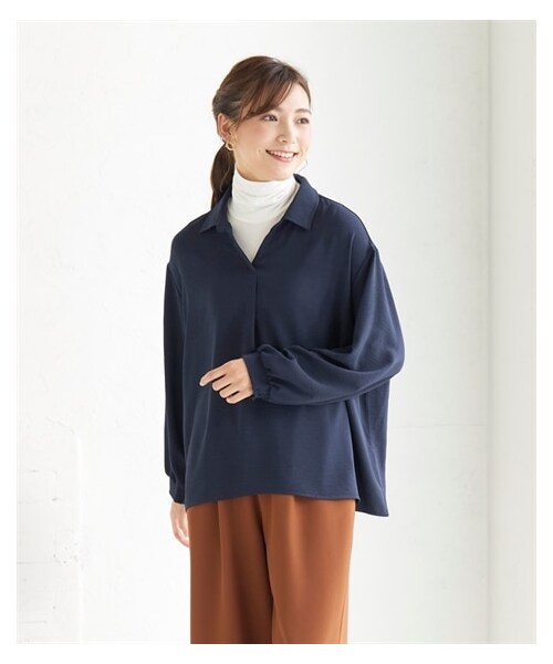 nissen（ニッセン）の「大きいサイズヒンヤリ・シワになりにくい伸びるスキッパ―ゆるシャツ（接触冷感・UVカット）（シャツ/ブラウス・レディース・アプリコットオレンジ/オフホワイト/アクアブルー/ネイビー・L~LL相当/3L~4L相当/5L~6L相当/8L相当/10L相当）」の13枚目の写真