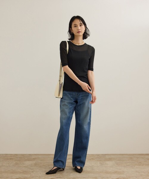 ROPE'(ロペ)の「シアーフライス5分袖プルオーバー(Tシャツ/カットソー・レディース・ブラック/ホワイト・F)」の4枚目の写真