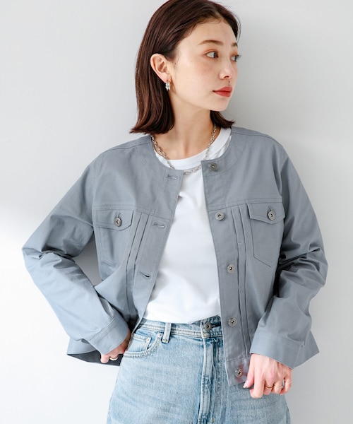 URBAN RESEARCH Sonny Label（アーバンリサーチサニーレーベル）の「ナチュラルストレッチノーカラーコットンジャケット（ノーカラージャケット・レディース・アイボリー/ブルーグレー/ベージュ・FREE）」の3枚目の写真