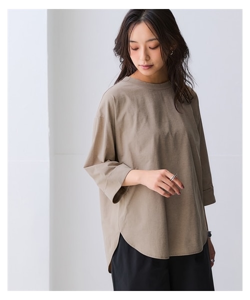 nissen（ニッセン）の「マルチドライ7分袖カットソー裾ラウンドチュニック（水陸両用・接触冷感・UVカット・吸汗速乾）＜大きいサイズ有＞（チュニック・レディース・杢ピーチ/杢マスカット/杢チャコールグレー/杢ビスケット/杢アイスブルー/アイボリー・S/M/L/LL/3L/4L/5L/6L/8L/10L）」の3枚目の写真