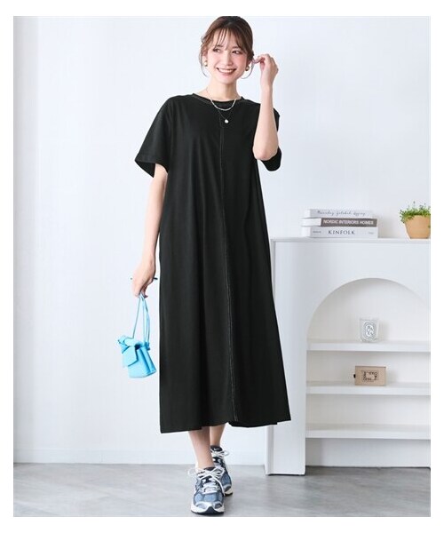 nissen（ニッセン）の「＜大きいサイズ＞【汗染みしにくい】配色ステッチワンピース（ワンピース・レディース・チャコールグレー/オリーブグリーン/黒・L/LL/3L/4L/5L/6L/8L/10L）」の6枚目の写真
