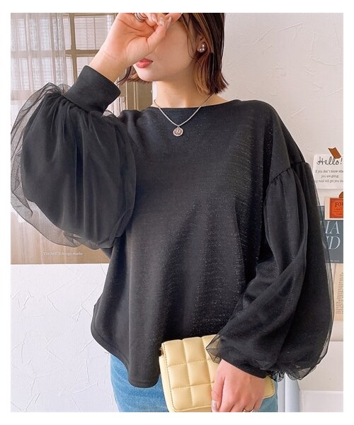 nissen（ニッセン）の「袖チュールラメカットジャガードプルオーバー（Tシャツ/カットソー・レディース・ブラック/グレージュ・M/L）」の3枚目の写真