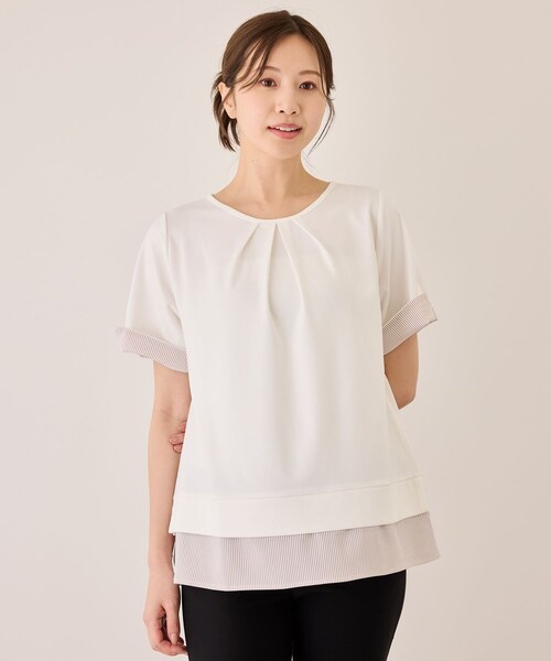 Jayro(ジャイロ)の「配色ストライプ半袖カットソー(Tシャツ/カットソー・レディース・チャコール/ベージュ系/ネイビー/ブルー系・M)」の2枚目の写真