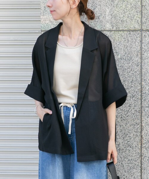 ITEMS URBANRESEARCH(アイテムズ アーバンリサーチ)の「メッシュ半袖ジャケット(テーラードジャケット・レディース・BLK/BEG・Free)」の5枚目の写真