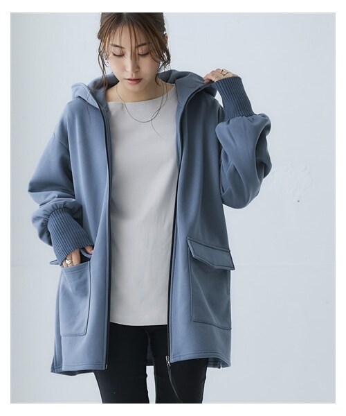 nissen（ニッセン）の「裏起毛リブ切替立衿ジップアップパーカーライトコート＜大きいサイズ有＞（ジャケット/アウター・レディース・オフベージュ/黒/インディゴブルー/モカ/ピンクベージュ/チャコールグレー/ブラウン・S/M/L/LL/3L/4L/5L/6L/8L/10L）」の17枚目の写真