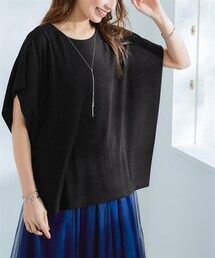 nissen | ＜大きいサイズ＞さらりシアーリネンライクスラブゆったりドルマントップス（ネックレス付）(Tシャツ/カットソー)