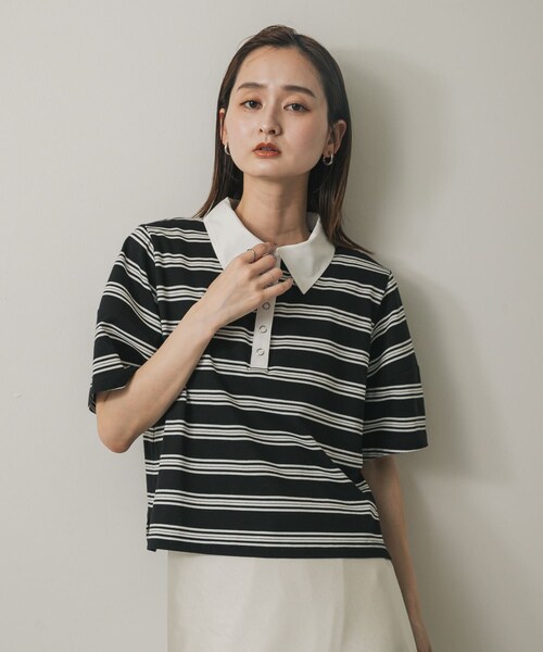 SENSE OF PLACE by URBAN RESEARCH（センスオブプレイスバイアーバンリサーチ）の「マルチボーダーカットポロシャツ（ポロシャツ・レディース・BLACK/ORANGE/WHITE・one）」の11枚目の写真