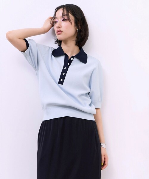 ADAM ET ROPE'(アダムエロペ)の「【WEB限定】ハーフスリーブバイカラーポロニット(ポロシャツ・レディース・ブラック/ネイビー/サックス・F)」の18枚目の写真