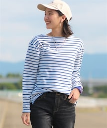 nissen | 大きいサイズ 長袖ボートネックリップルボーダーゆるカットソートップス(Tシャツ/カットソー)