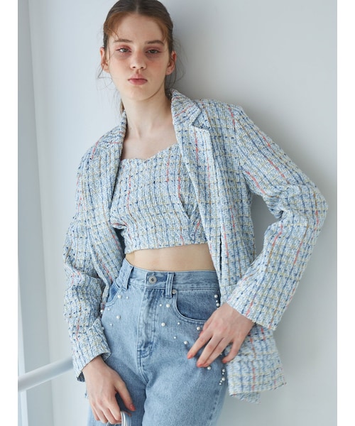 MERCURYDUO（マーキュリーデュオ）の「オリジナルツイードテーラードジャケット【セットアップ着用可】（テーラードジャケット・レディース・ブラック/アイスブルー・S/M）」の7枚目の写真