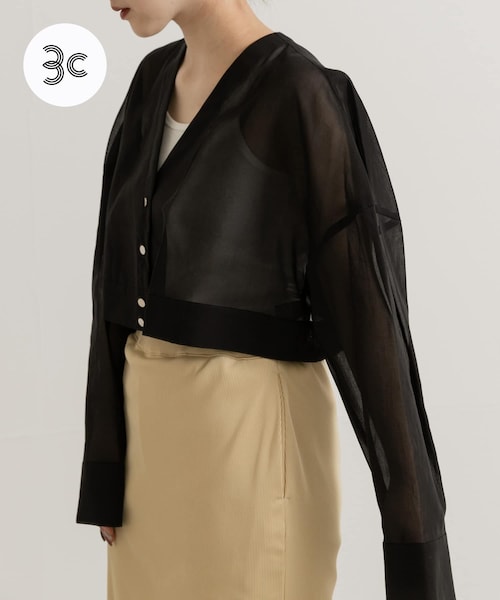 THE GOODLAND MARKET（ザグッドランドマーケット）の「『別注』MIDIUMISOLID×TGM　Organic cotton sheer cardigan（カーディガン/ボレロ・レディース・OFF/BLACK・one）」の2枚目の写真