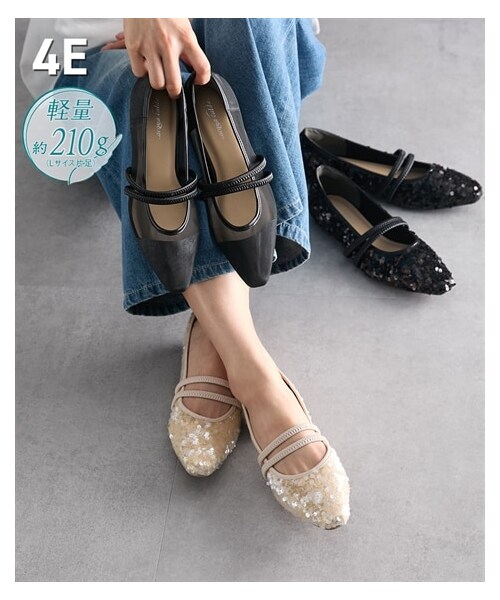 nissen（ニッセン）の「【ゆったり幅広】ゴムストラップシューズ（低反発中敷）（ワイズ４Ｅ）（バレエシューズ・メンズ・黒メッシュ/黒スパンコール/アイボリースパンコール・M=23.0~23.5cm/4E/L=24.0~24.5cm/4E/LL=25.0~25.5cm/4E/3L=26.0~26.5cm/4E）」の3枚目の写真