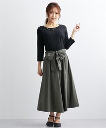 nissen | 【大きい胸専用】7分袖ボリュームスカートドッキングワンピース（ポケット、ウエストリボン付）(ワンピース)