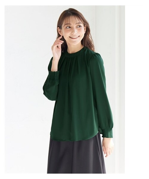 nissen（ニッセン）の「大きいサイズ スタンドギャザーブラウス（吸汗速乾裏地付）（シャツ/ブラウス・レディース・ダークグリーン/アイスグレー/ネイビー/アイボリー×黒・L/LL/3L/4L/5L/6L/8L/10L）」の16枚目の写真