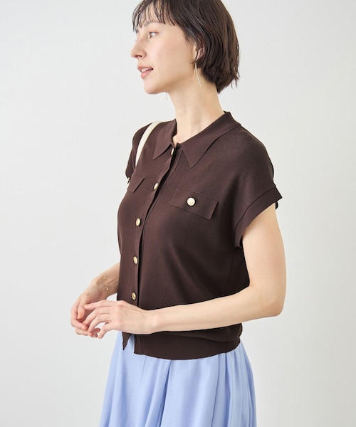 ROPE' PICNIC(ロペピクニック)の「八方映えニット 金ボタンフレンチスリーブポロカラーカーディガン/UVカット・接触冷感・イージーケア(カーディガン/ボレロ・レディース・ブラック/オフホワイト/ブラウン/サックス/ラベンダー・F)」の19枚目の写真