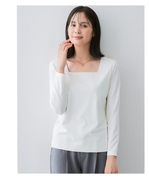 nissen（ニッセン）の「【選べる2タイプ】透け対策シルケット加工ダブルフロント長袖トップス＜大きいサイズ有＞（Tシャツ/カットソー・レディース・オフホワイト/黒/オフホワイト(Uネック)/黒(Uネック)・M/L/LL/3L/S/4L/5L）」の10枚目の写真