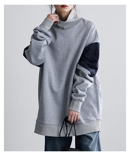 nissen（ニッセン）の「異素材切替スタンドネック裏毛トレーナー ［Soiunique］（スウェット・レディース・杢グレー×ネイビー/ネイビー×オフホワイト・S~M/L~LL）」の5枚目の写真